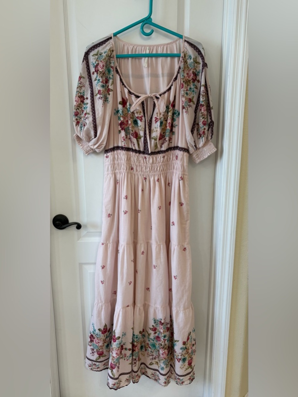 Anthropologie Floral Maxi Dress L Pink Boho Smocked Waist Tiered Pockets